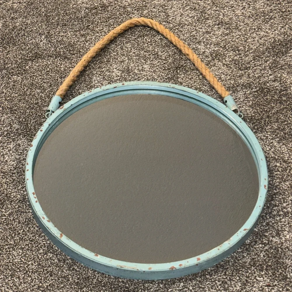 ROUND TURQUOISE MIRROR WITH ROPE! Decor NAUTICAL , BATHROOM, bABY rOOM !